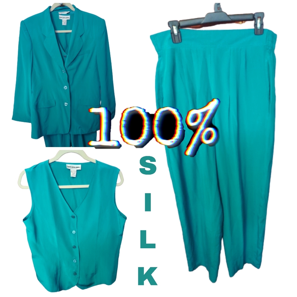 VINTAGE DAVID BENJAMIN 3 PC 100% SILK TURQUOISE PANT SUIT SZ M